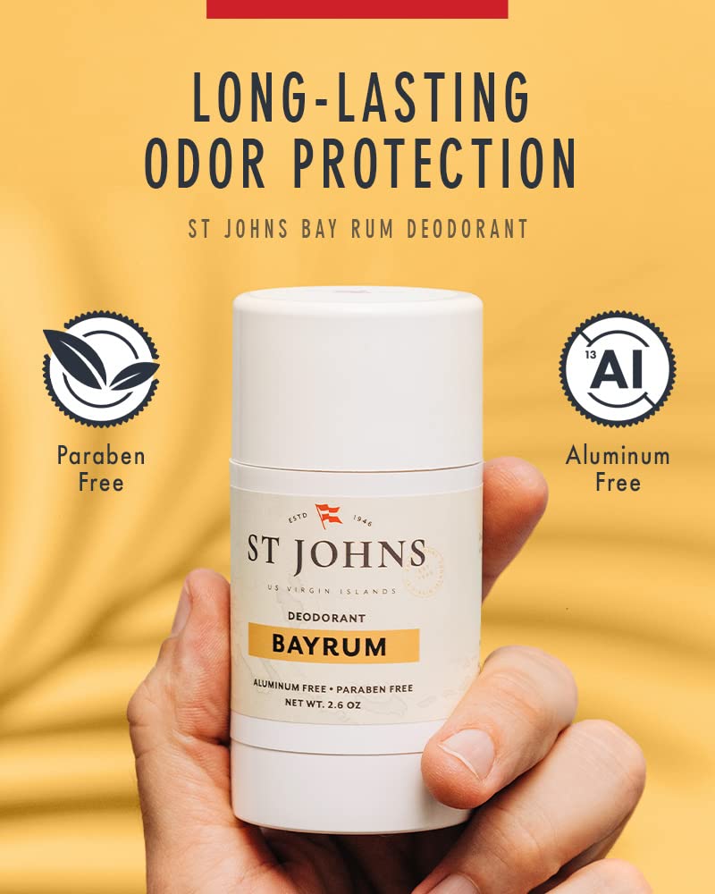 St. Johns Bay Rum aluminum-free deodorant label highlighting clean formula and protection.