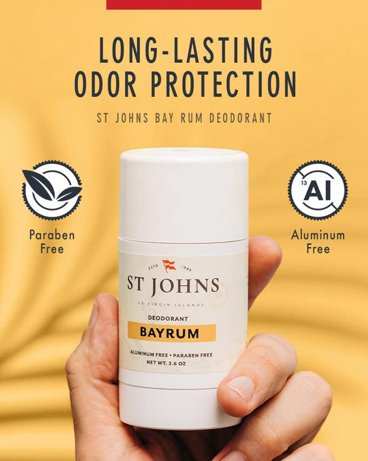 St. Johns Bay Rum aluminum-free deodorant label highlighting clean formula and protection.