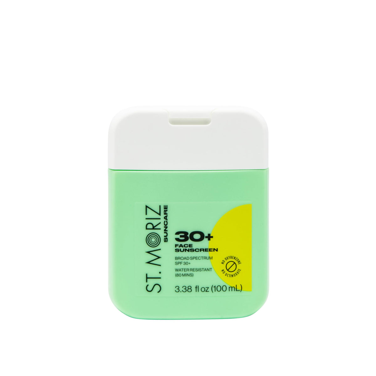 ST. MORIZ Suncare SPF 30+ face sunscreen bottle showing lightweight, non-greasy formula for daily wear.
