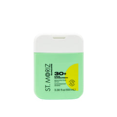 ST. MORIZ Suncare SPF 30+ face sunscreen bottle showing lightweight, non-greasy formula for daily wear.