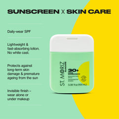 ST. MORIZ Suncare SPF 30+ face sunscreen close-up texture reveals invisible finish.