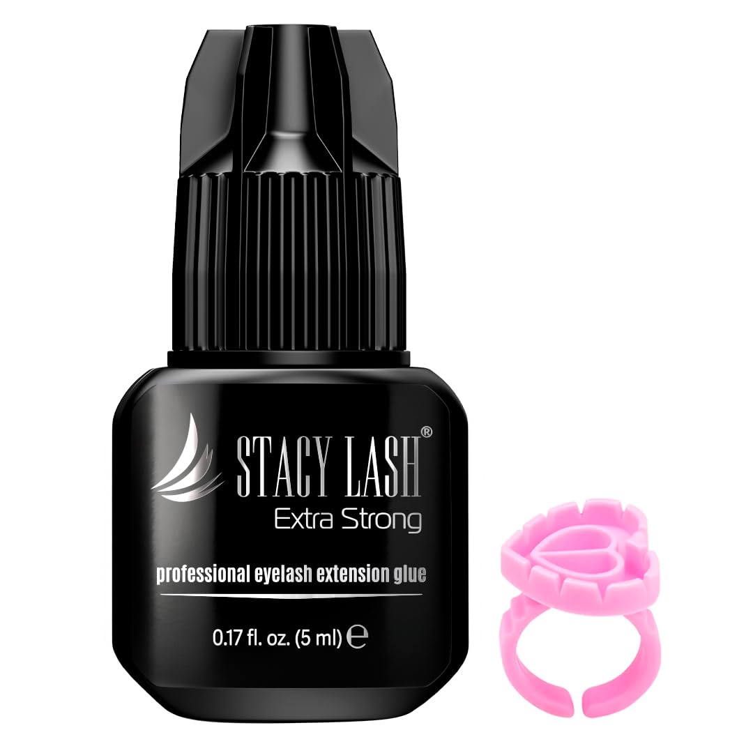 Stacy Lash Extra Strong Glue bottle front, fast-drying adhesion for professional lash extensions.