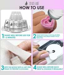 STACY LASH Glue bottle and ring on a tidy workstation.