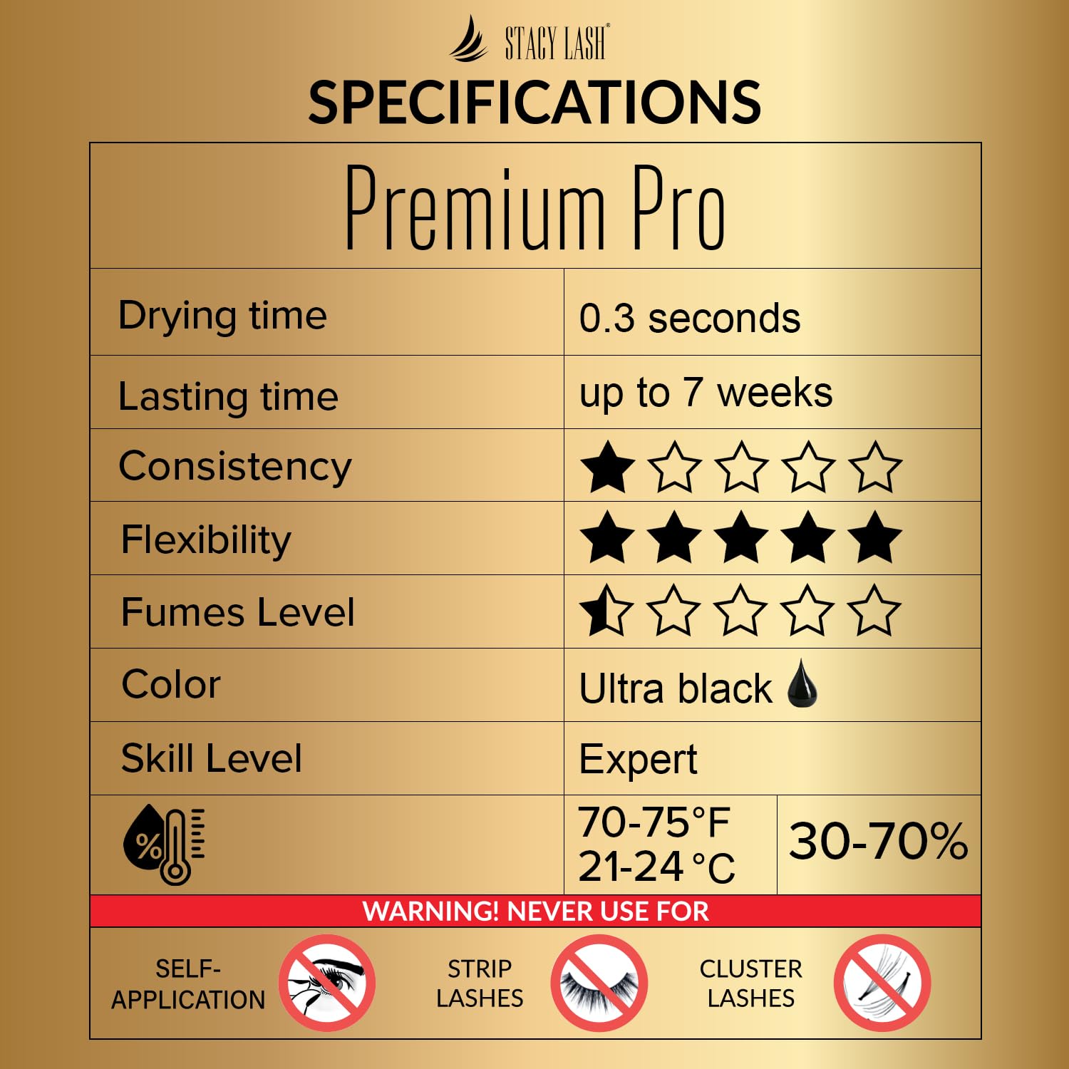 STACY LASH Premium Pro glue bottle with black formula emphasizes deep bond for full lash sets.