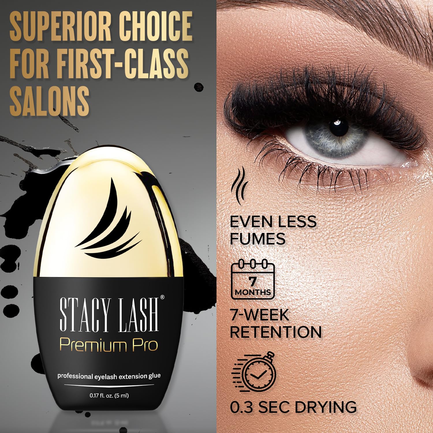 STACY LASH Premium Pro glue dispensing nozzle highlights precise control for flawless lash placements.