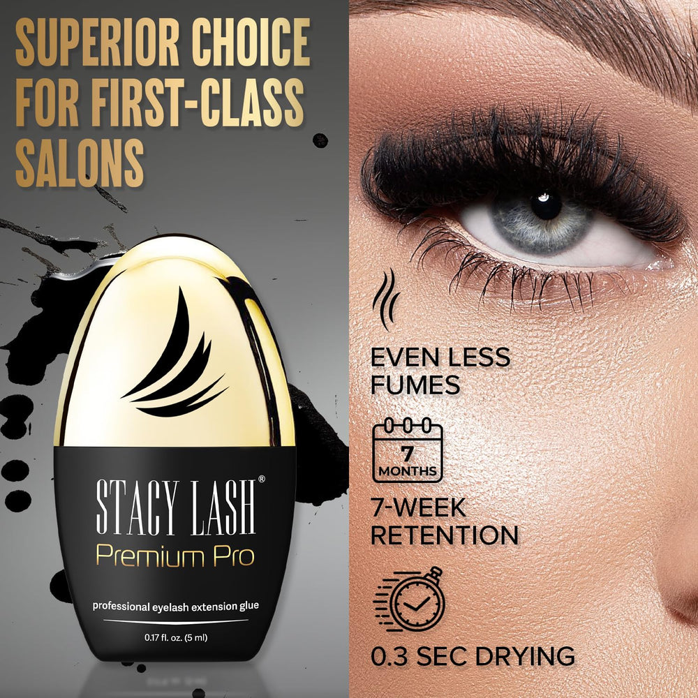 STACY LASH Premium Pro glue dispensing nozzle highlights precise control for flawless lash placements.