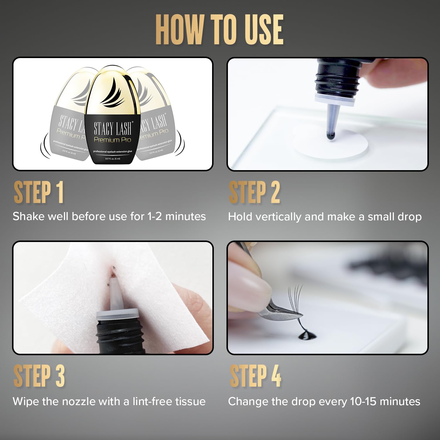 STACY LASH Premium Pro glue in focus with sheen suggests low fumes for comfortable application.