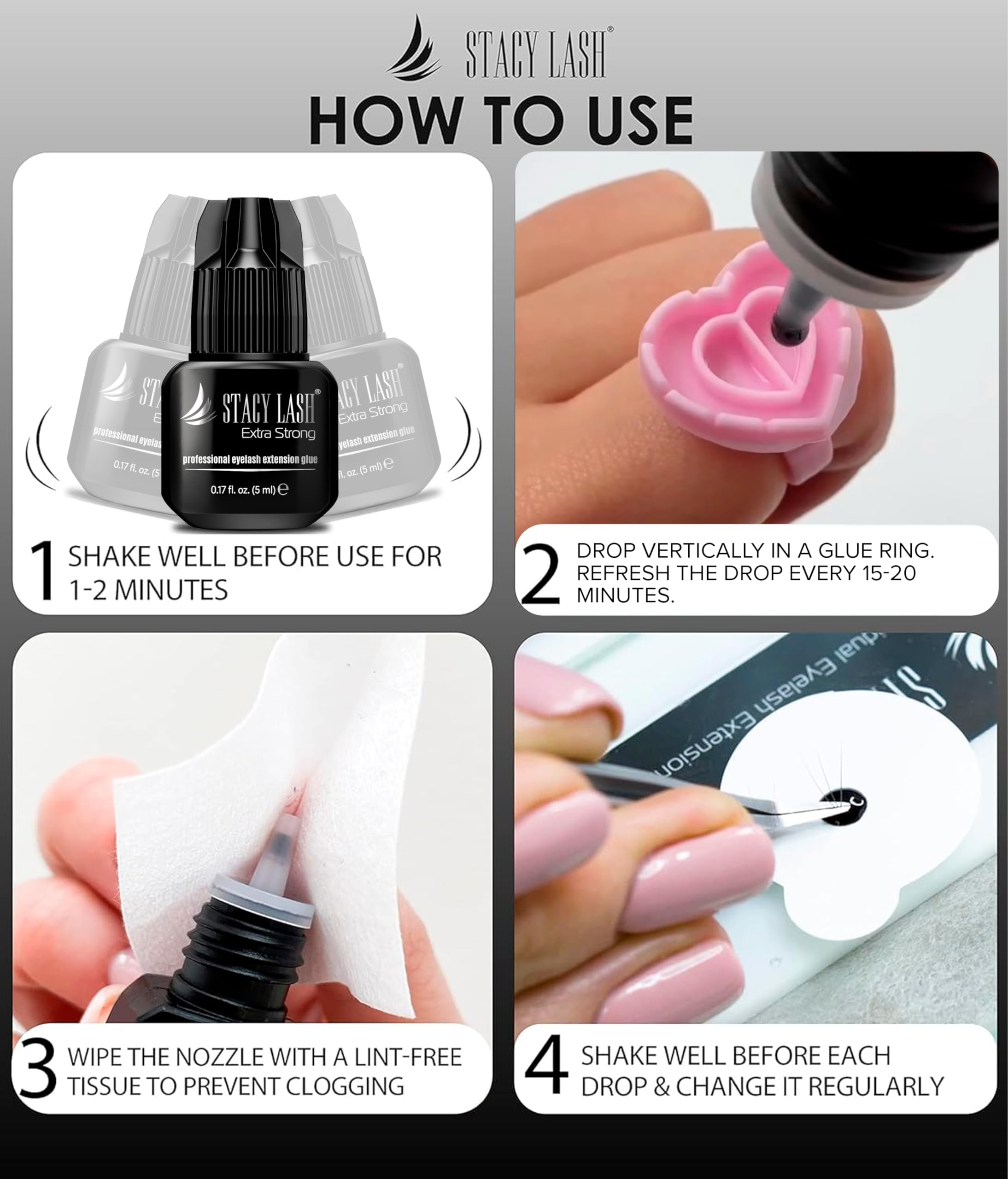 Stacy Lash professional black adhesive designed for skilled lash artists.