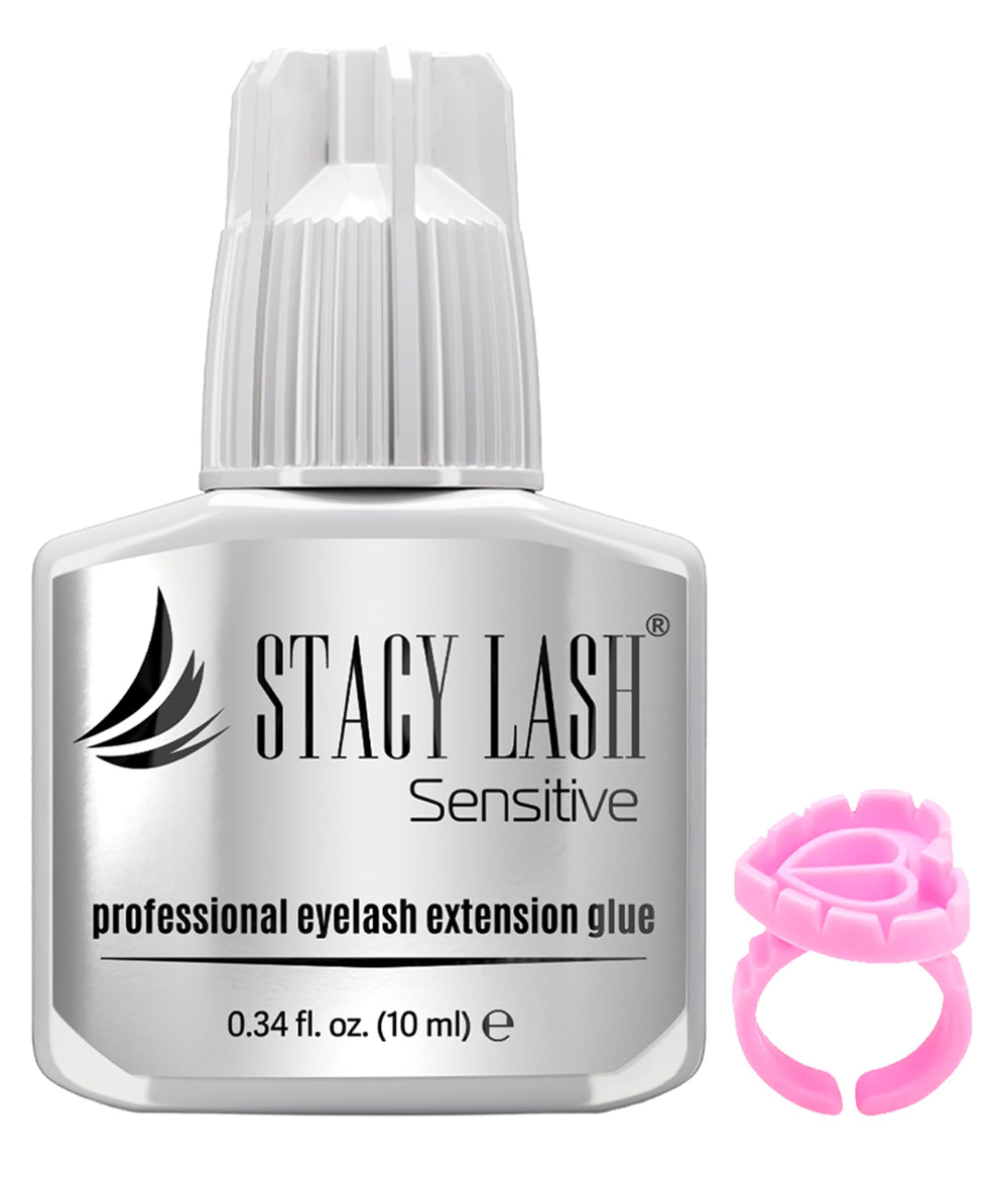 STACY LASH Sensitive glue bottle closeup showing low fumes for sensitive eyes.