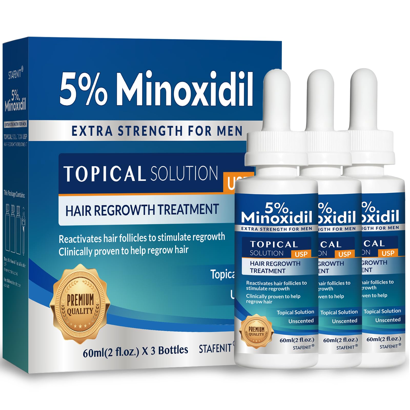 Stafenit minoxidil serum application dropper targets thinning areas for precise use.