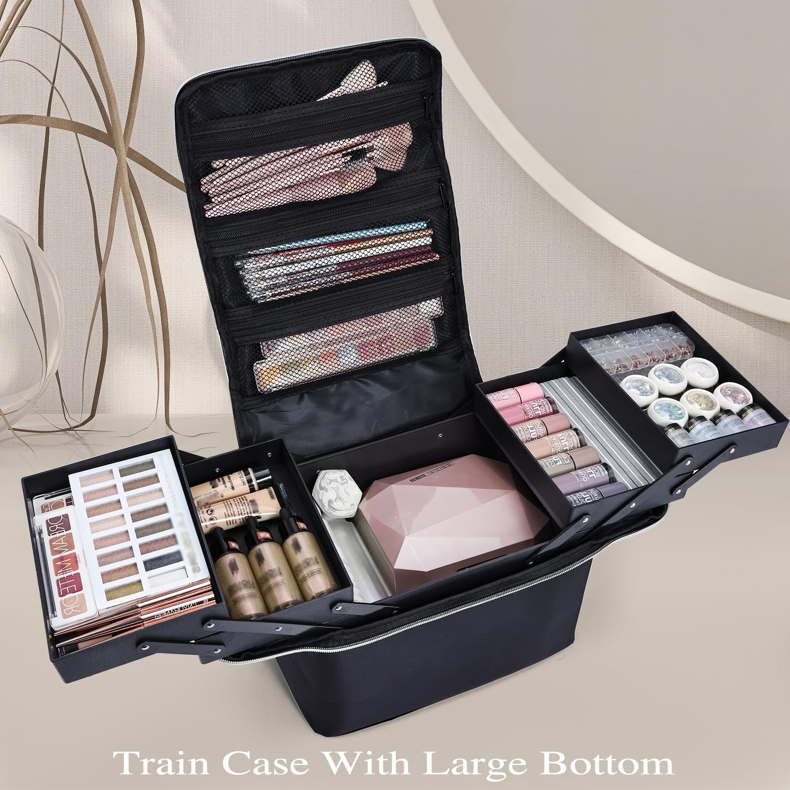 Stagiant makeup train case with four-tier trays for easy access to brushes and palettes.