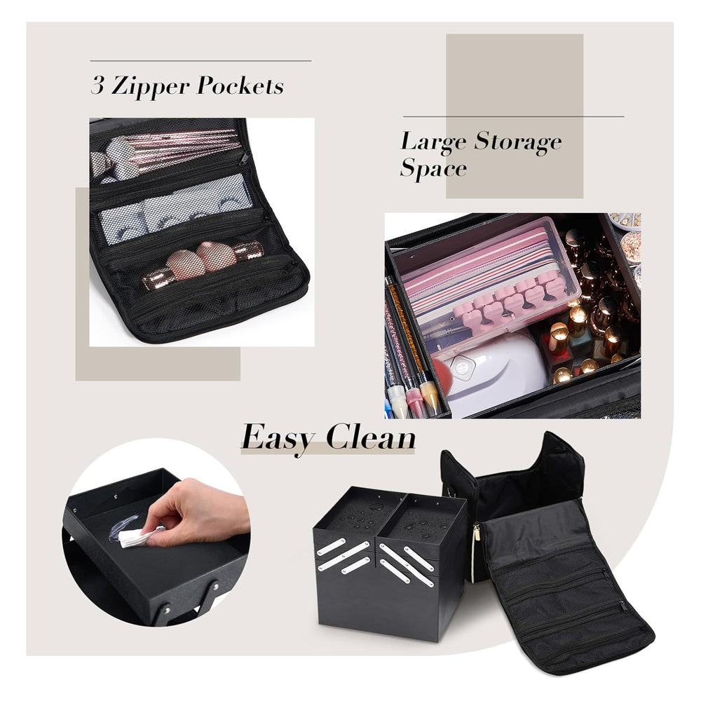 Stagiant travel makeup bag with shoulder strap and luggage sleeve for mobile artists.
