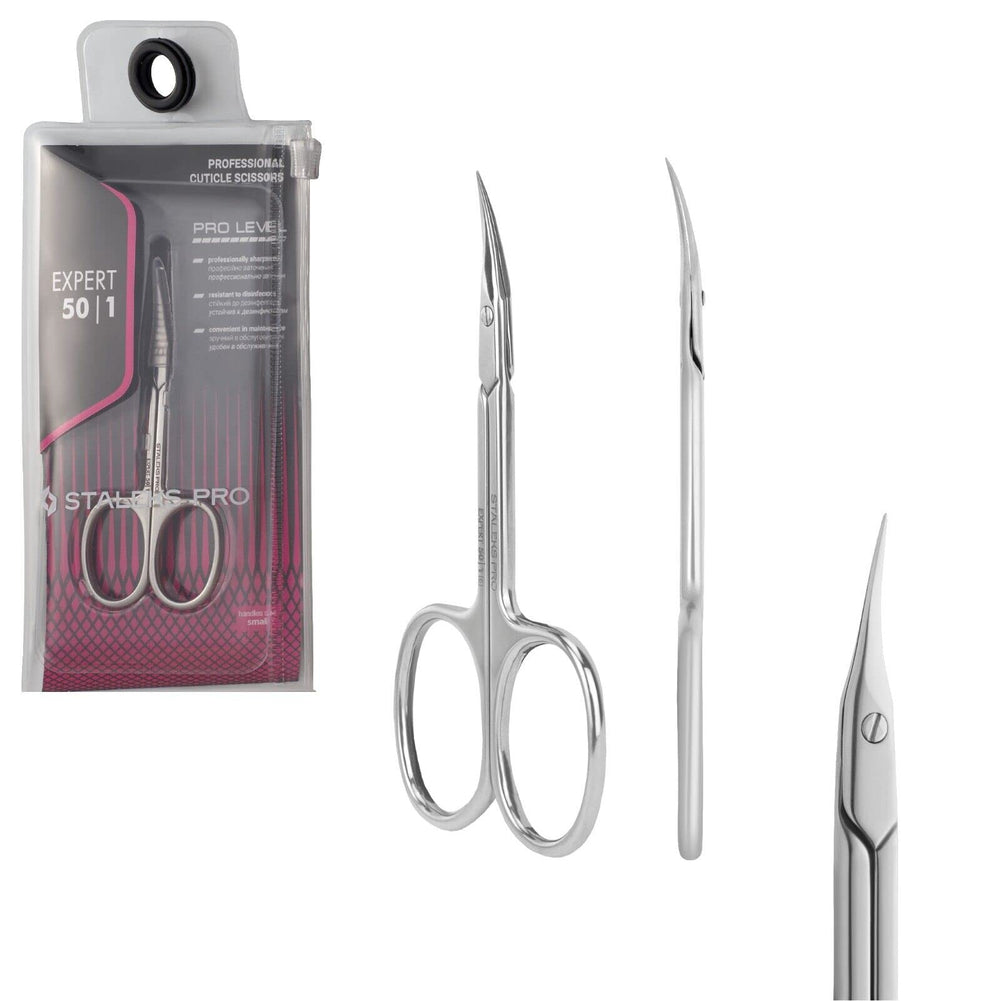 Staleks Pro Expert 50 Type 1 cuticle scissors held for precise, clean shaping.