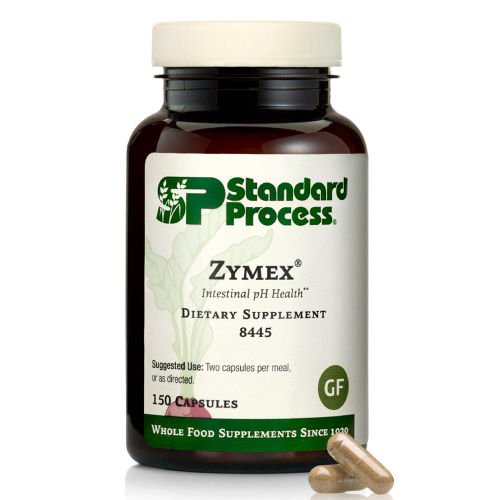 Standard Process Zymex capsules bottle highlighting digestive health support.