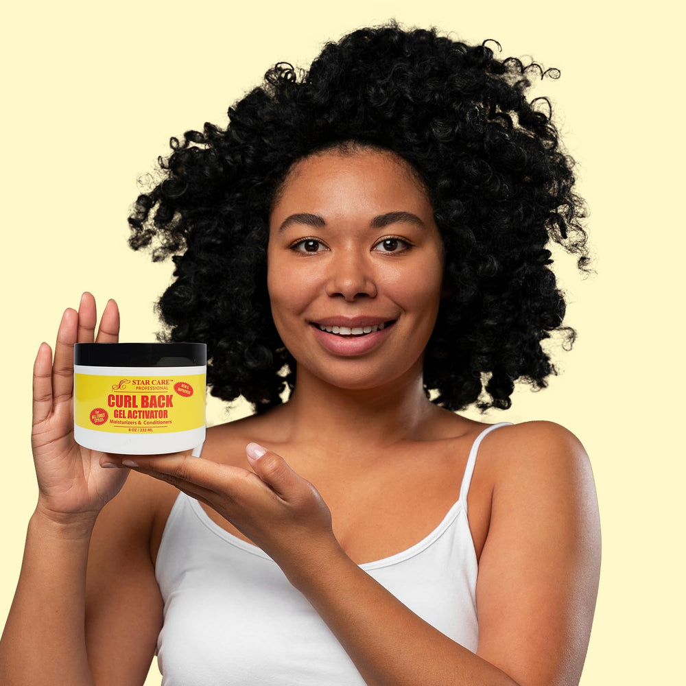 STAR CARE Curl Back Gel Activator being applied for defined, frizz-free curls