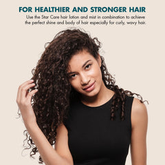 Star Care Wave Back Curl Lotion label highlights anti-frizz and soft hold benefits.
