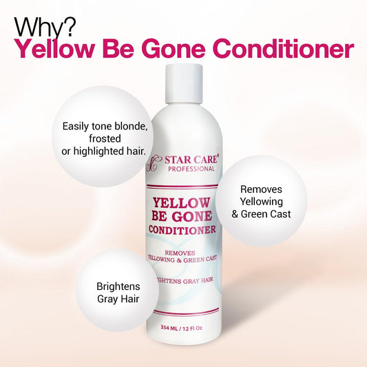STAR CARE Yellow Be Gone conditioner bottle emphasizing hydrating formula for silky highlighted hair.