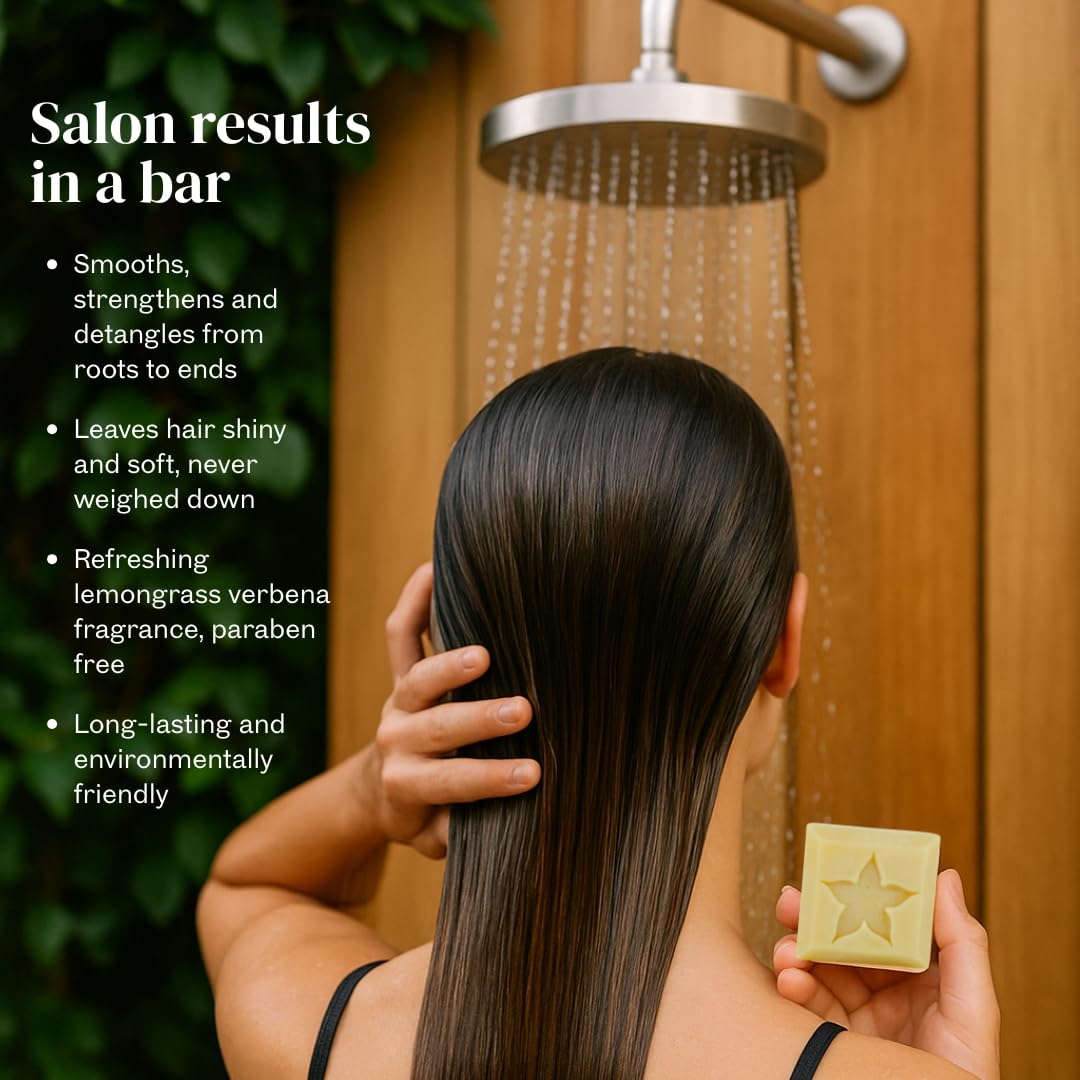 StarBars conditioner bar on bathroom shelf ready for daily conditioning.