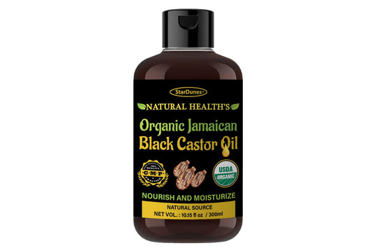 StarDunes Jamaican Black Castor Oil bottle for nourishing hair growth and scalp care