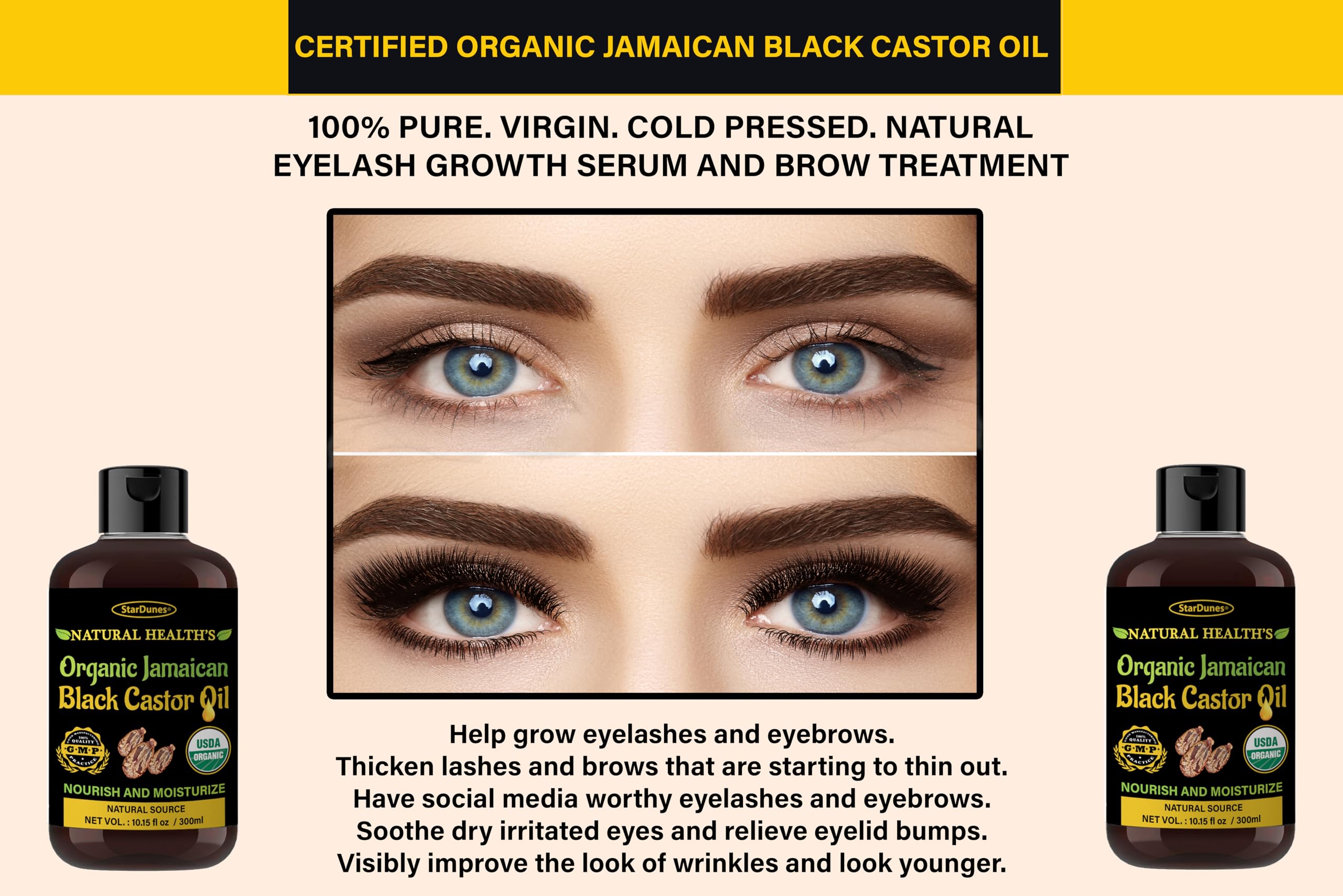 StarDunes Jamaican Black Castor Oil eyelash-application demonstrates easier brow and lash care