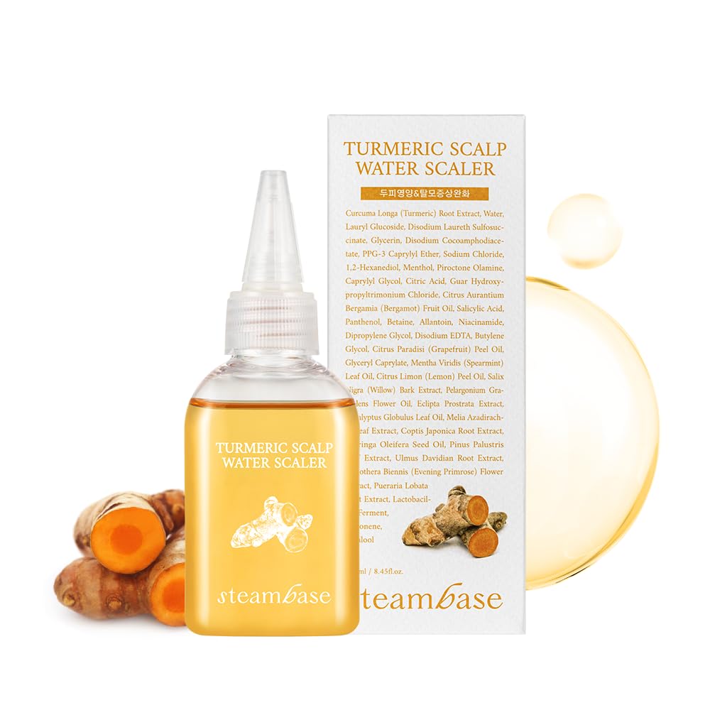 STEAMBASE Turmeric Scalp Water bottle pour enables precise scalp exfoliation and oil balance.
