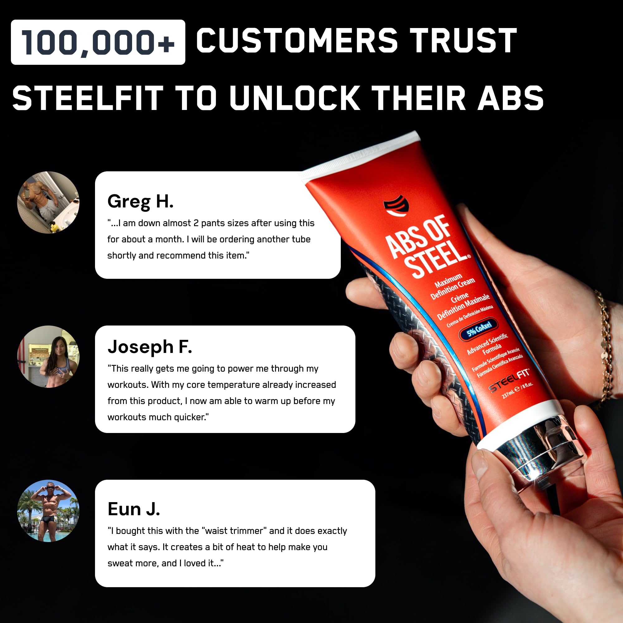 Applied after a workout, SteelFit cream helps tone and tighten skin.