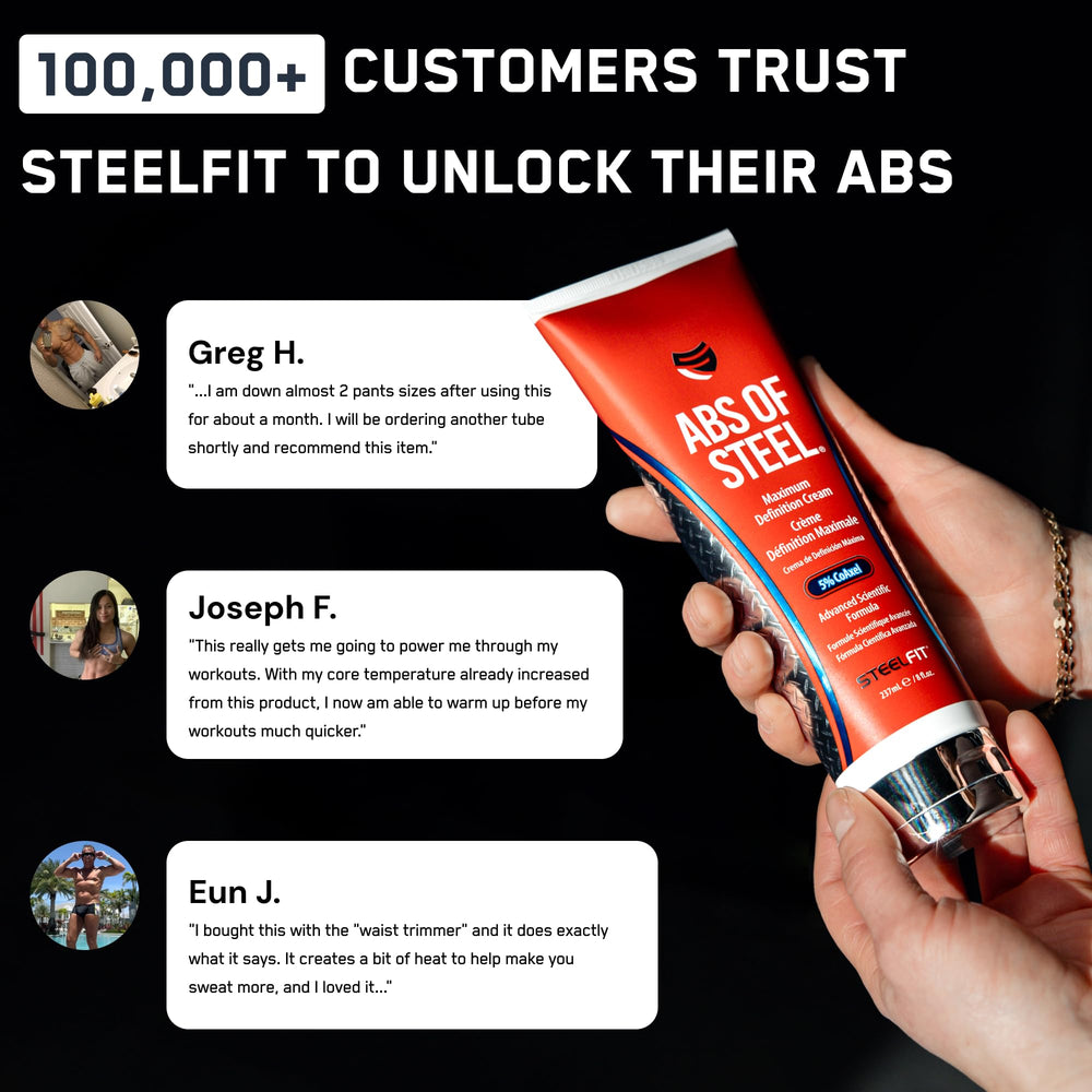 Applied after a workout, SteelFit cream helps tone and tighten skin.