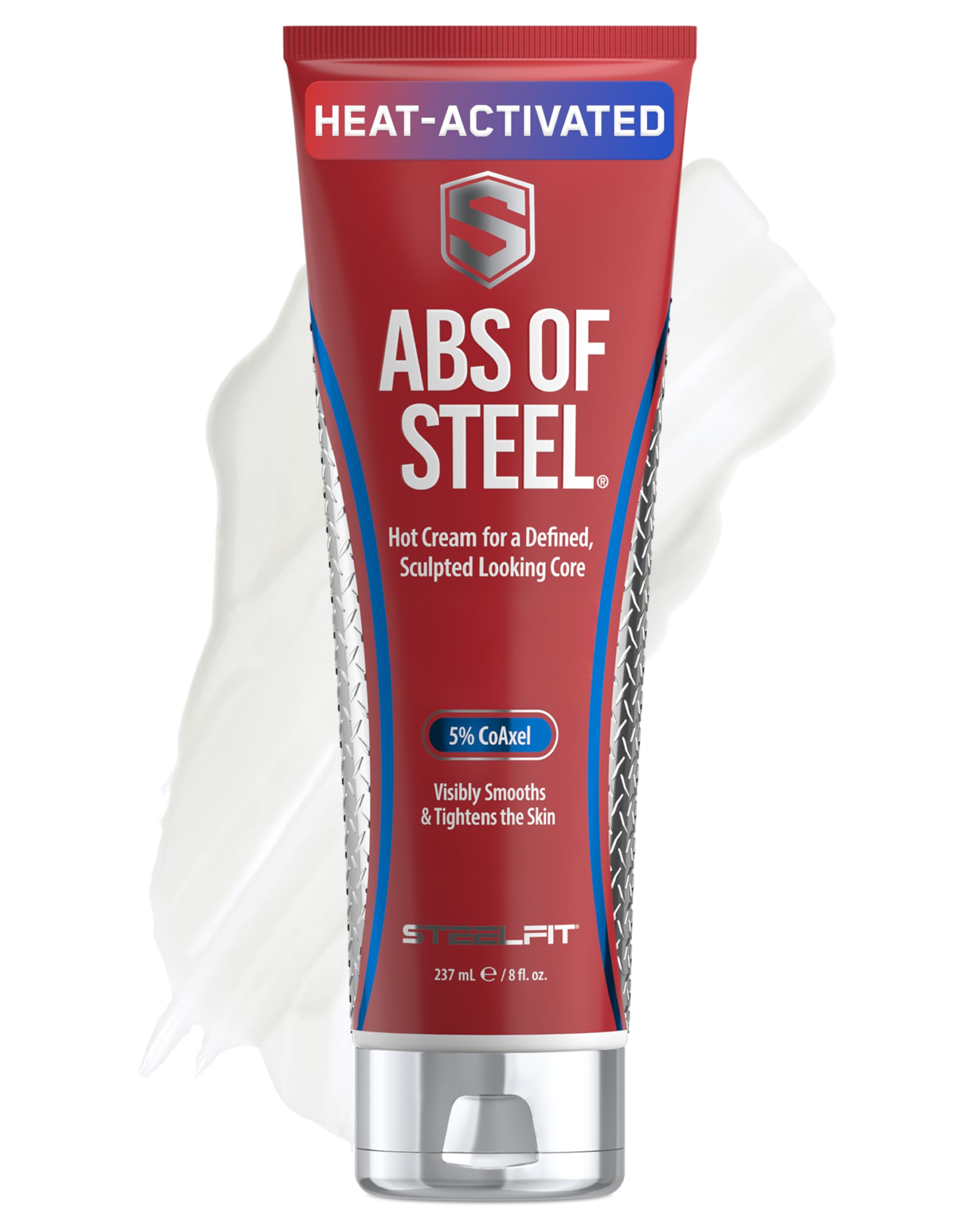 SteelFit Abs of Steel cream bottle front for firming and definition.