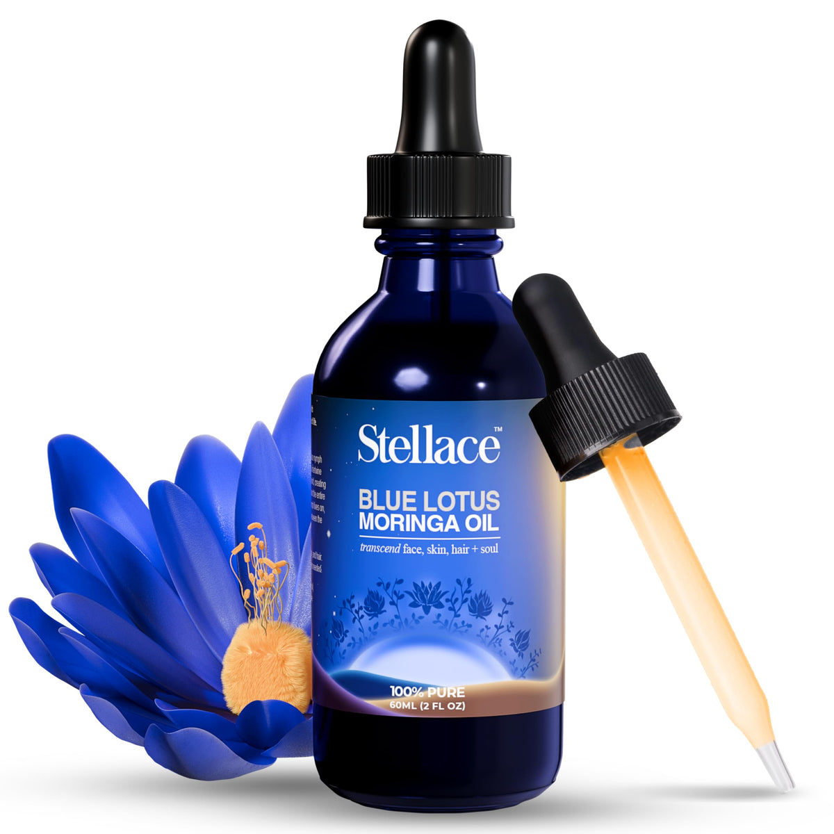 Stellace Blue Lotus Moringa Oil bottle ready for daily skincare routine and relaxation