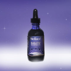 Stellace Blue Lotus Moringa Oil on hair hints at shine and conditioning benefits