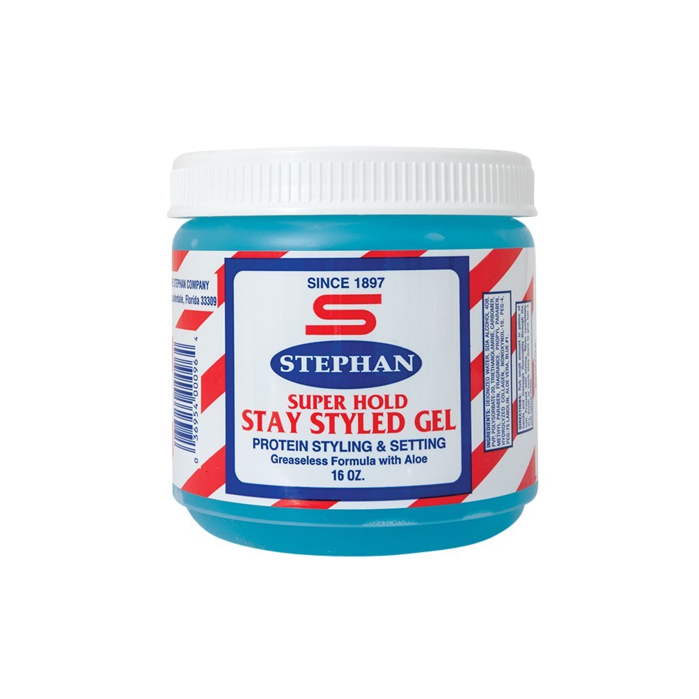 Stephan's Super Hold Stay Styled Gel bottle delivering professional-grade control for firm, lasting styles.