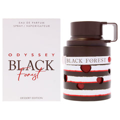 Sterling Parfums Armaf Odyssey Black Forest Dessert Edition bottle closeup, gourmand notes for evening wear.