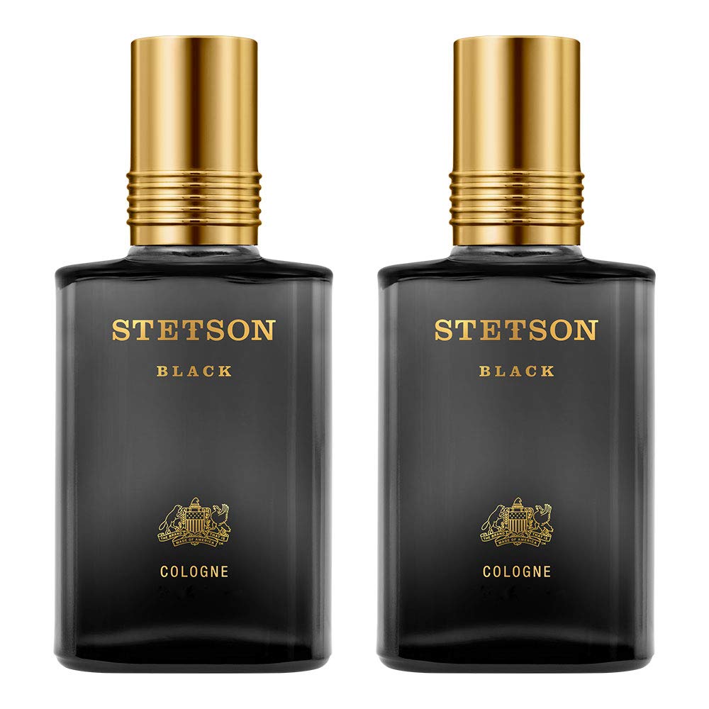 Stetson Black bottle front view showcases sleek masculine design and bold fragrance notes.