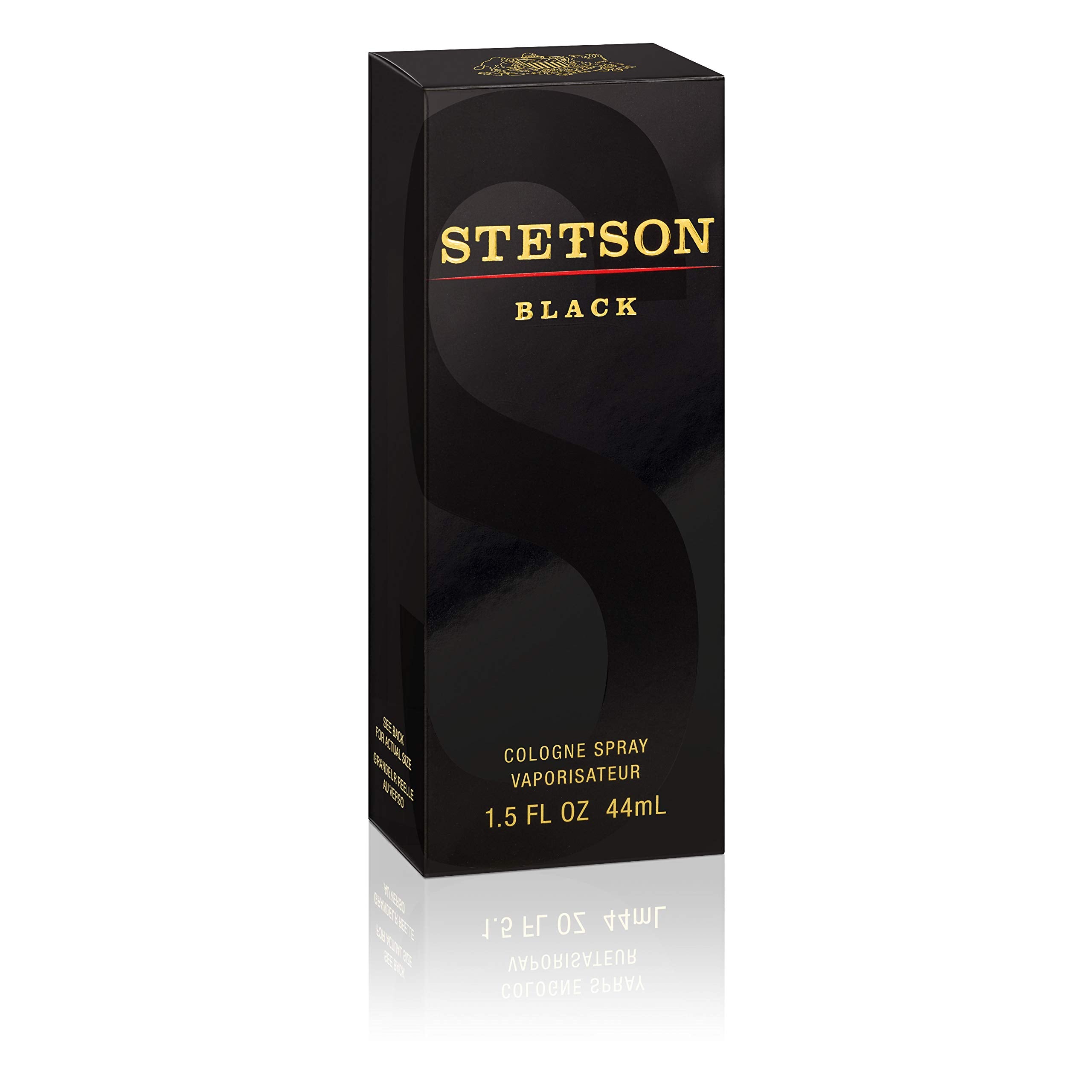Stetson Black bottle side angle highlights compact 44ml size for travel.