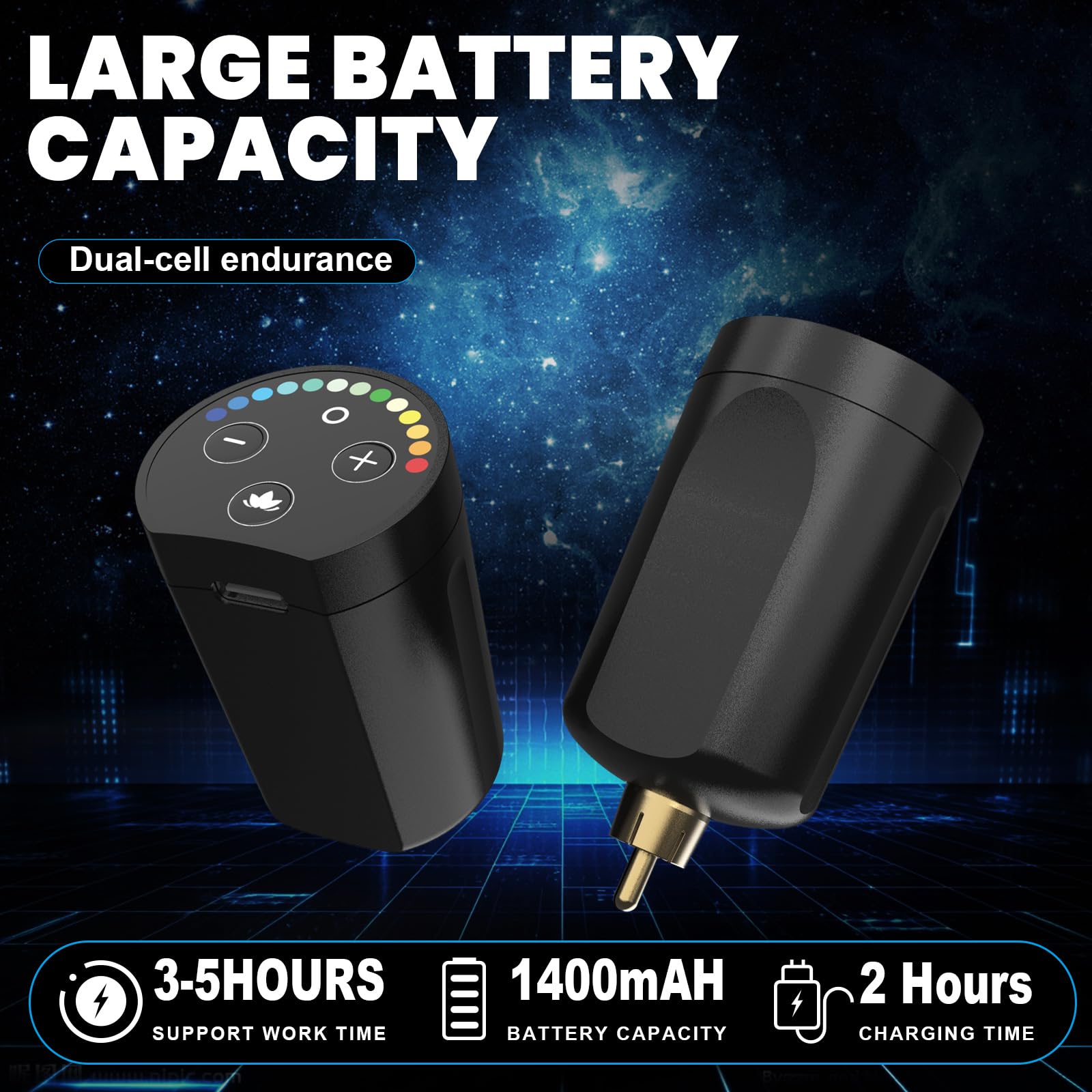 STIGMA dual rechargeable tattoo battery enabling wireless sessions with long-lasting power.