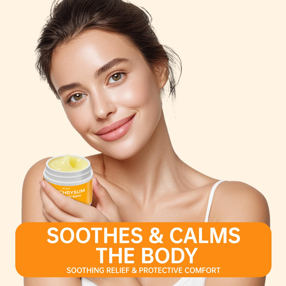 STILIP Helichrysum Balm on hand demonstrates massage-ready absorption.