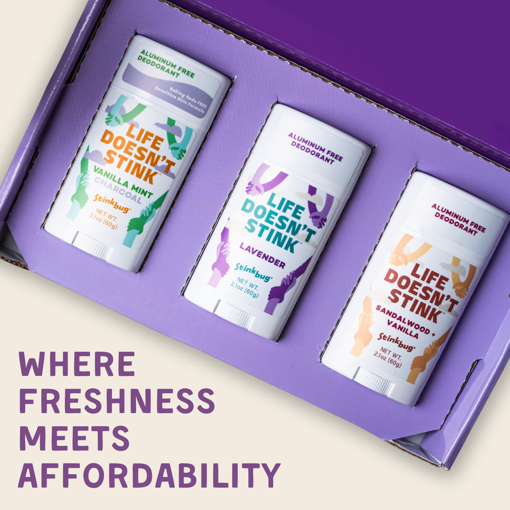 Stinkbug Naturals triple-pack deodorant sticks for convenient use