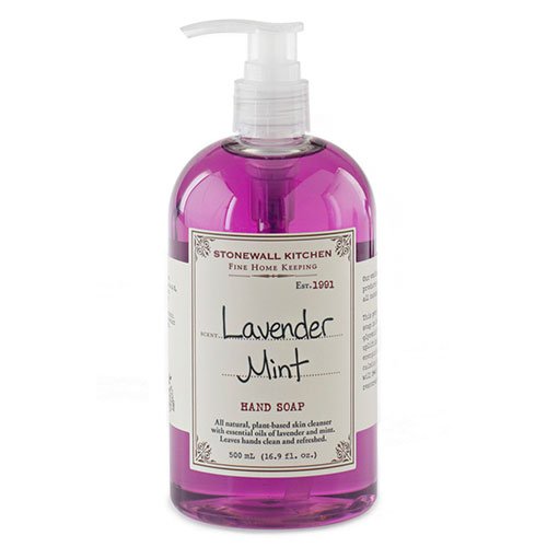 Stonewall Kitchen lavender mint hand soap bottle with soothing aroma for daily use.