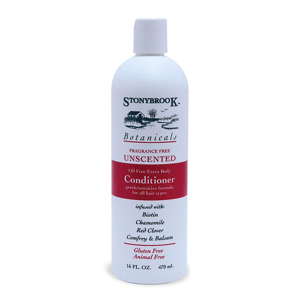 Stonybrook Unscented Conditioner back label highlights Chamomile and Biotin benefits.