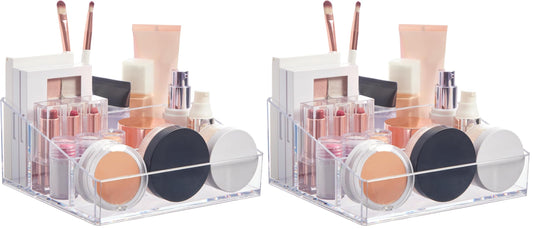 STORi clear plastic vanity organizer front view for compact makeup storage