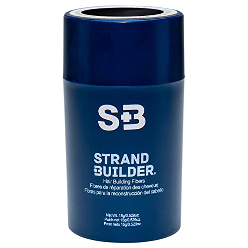 Strand Builder Hair Fibers jar close-up showing compact packaging for on-the-go coverage