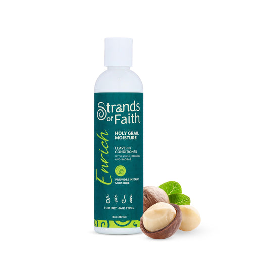 Strands of Faith Enrich Leave-In bottle close-up highlighting deep hydration for dry hair.