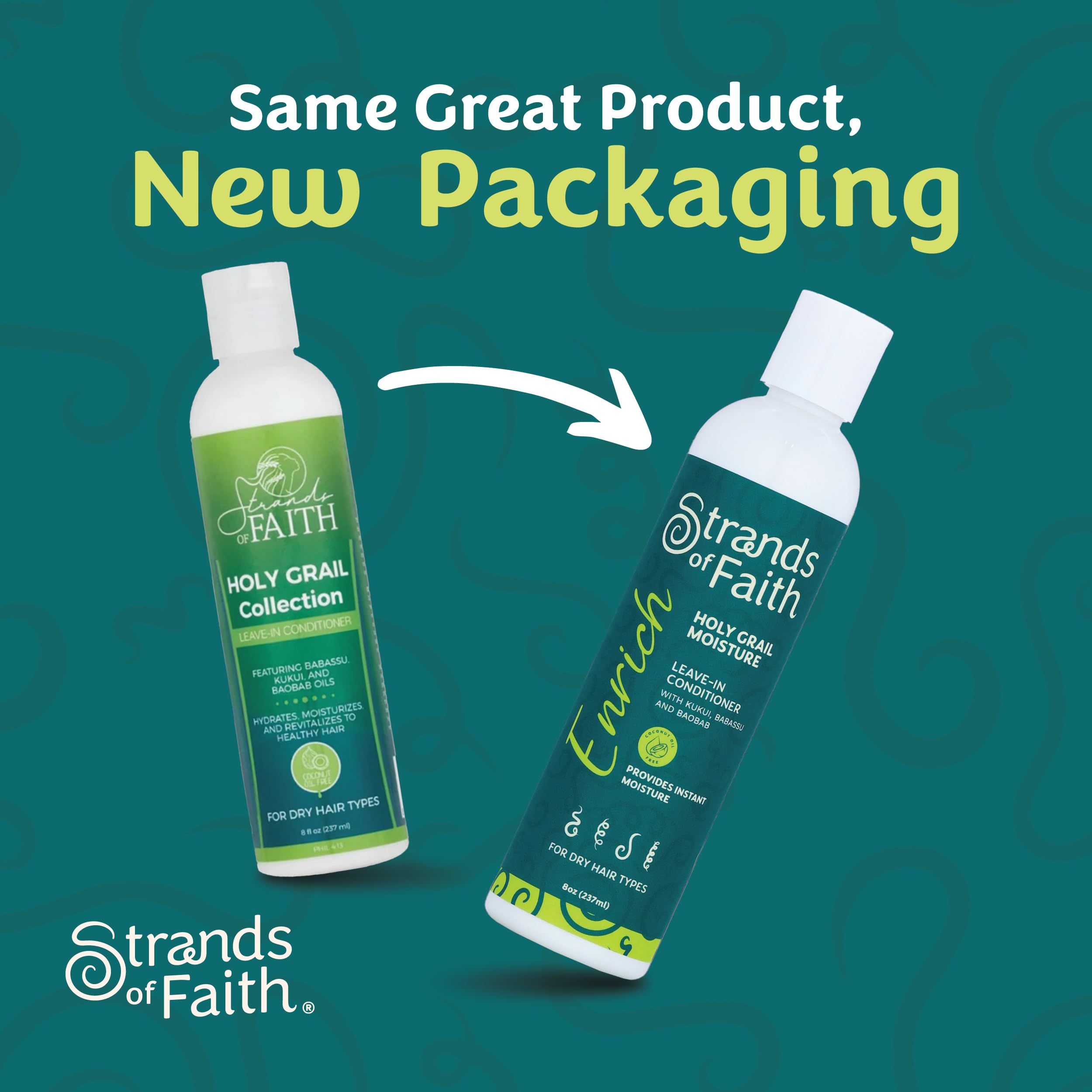 Strands of Faith Enrich Leave-In oil blend with babassu kukui baobab nourishes curls.