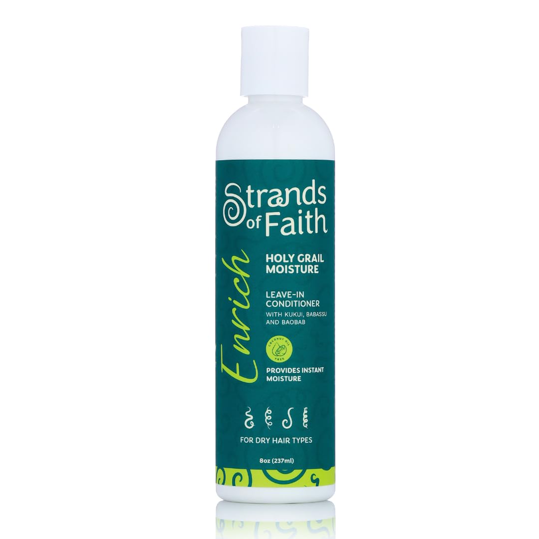 Strands of Faith Enrich Leave-In droplets on hair illustrate frizz control and smoothness.