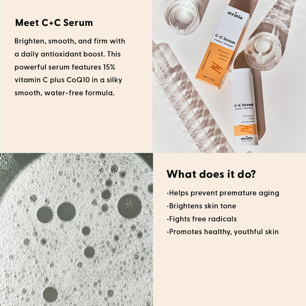 Stratia C+C Serum packaging side view highlights lightweight, water-free antioxidant option.
