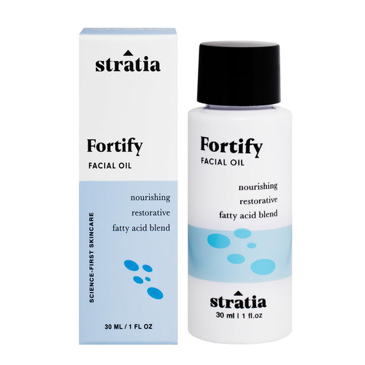 Stratia Fortify bottle pour demonstrates quick, non-greasy hydration for dry skin.