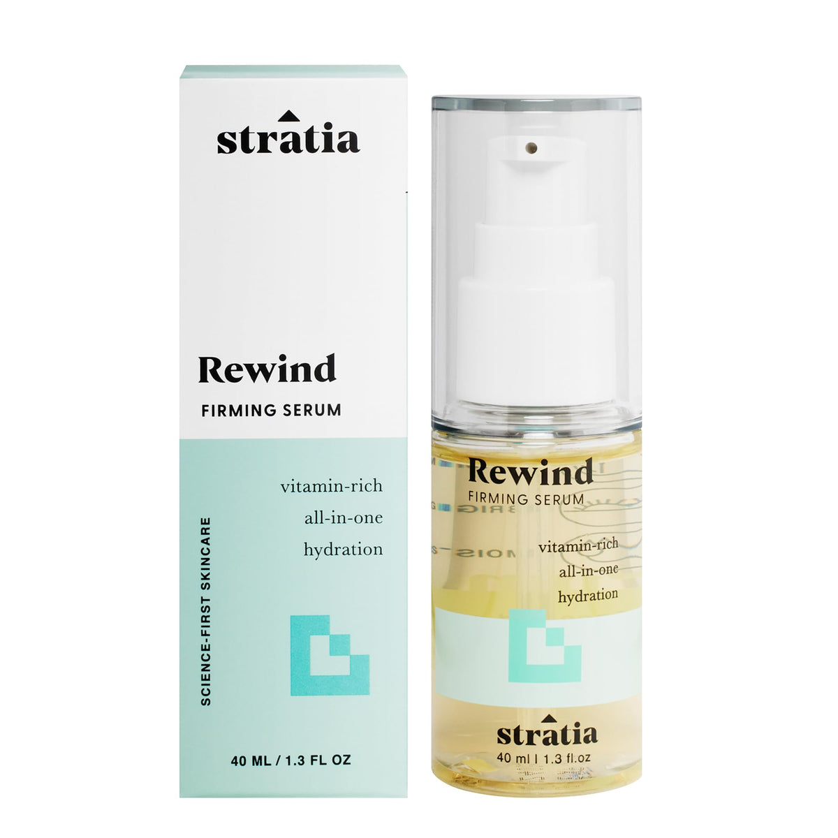 Stratia Rewind serum bottle showing firming formula for a smoother look