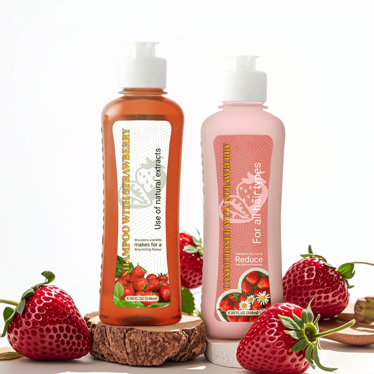 Strawberry & Milk Shampoo & Conditioner Set front bottle with long-lasting fragrance.