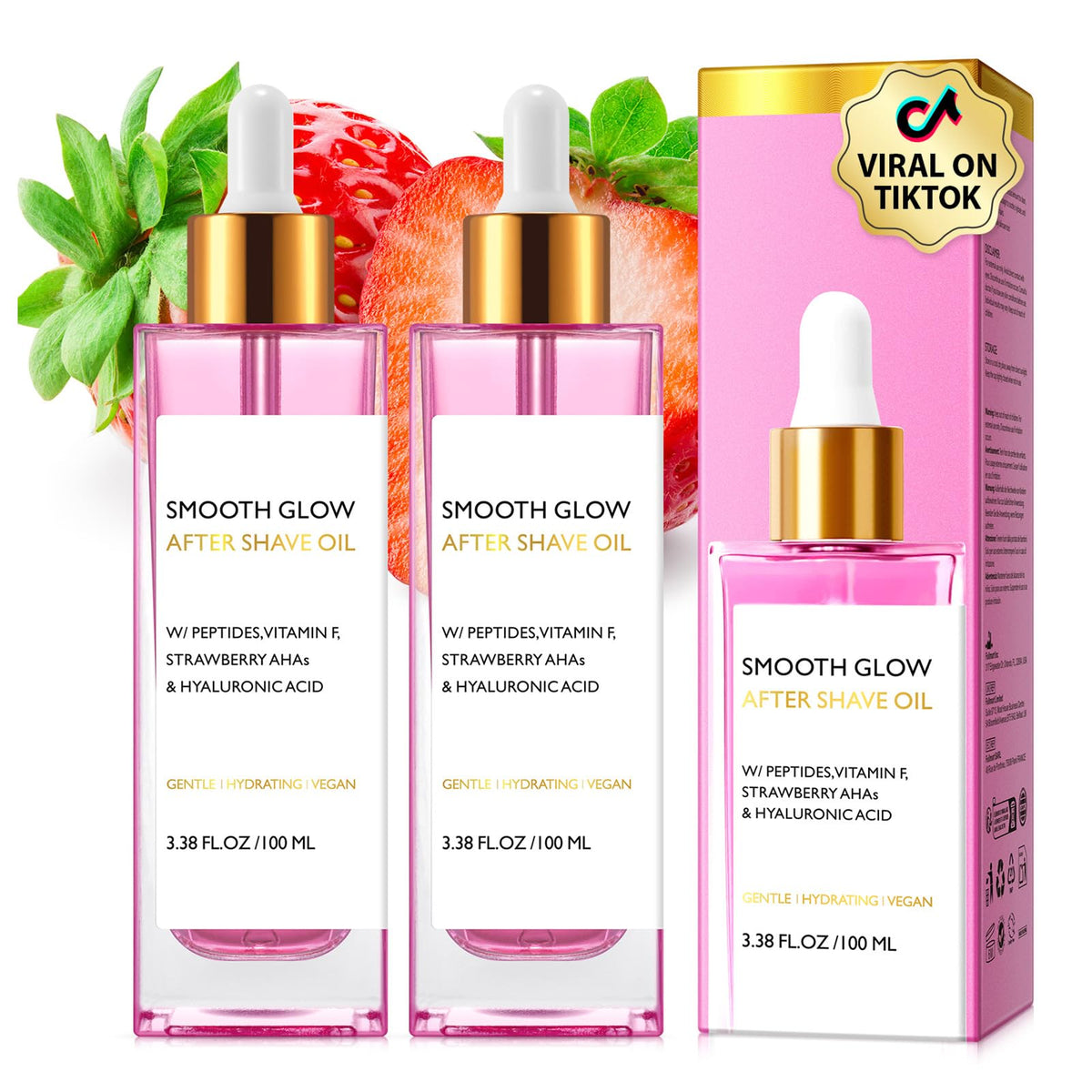 Strawberry vanilla after shave oil bottle promotes post shave hydration.