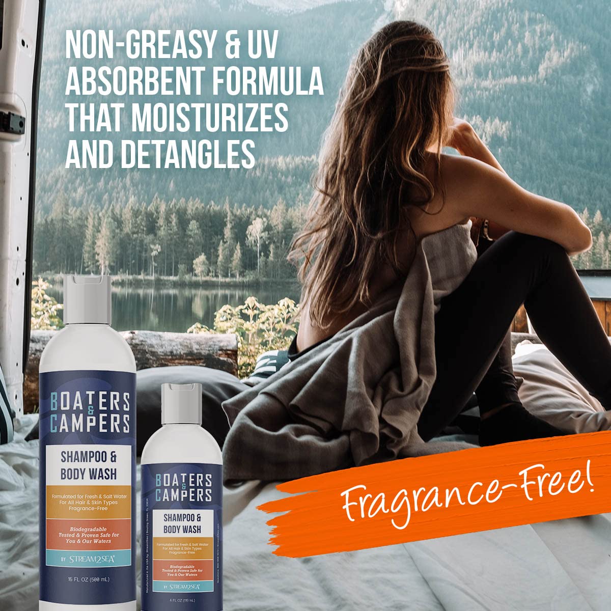 STREAM 2 SEA fragrance-free shampoo bottle ideal for sensitive skin during adventures